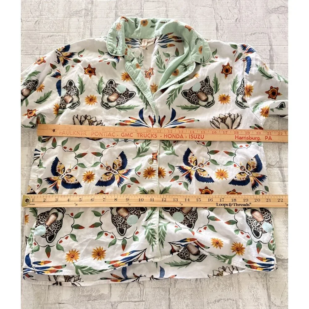 Anthro LyreBird Cotton Flannel Pajama Set Floral Animal Print Cottage Sleep XS